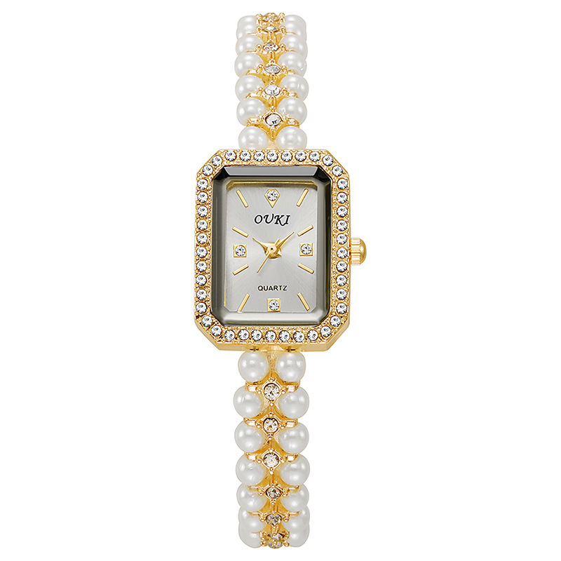 OUKI reloj de pulsera de perlas de fragancia pequeña de mediana edad temperamento de mujer reloj de cadena de moda de nicho oro