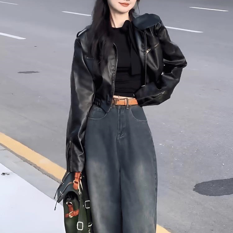 Black Motorcycle Jacket Zipper Short Jacket Top for Women 2025 Autumn and Winter New Retro Niche Leather Jacket Trendy