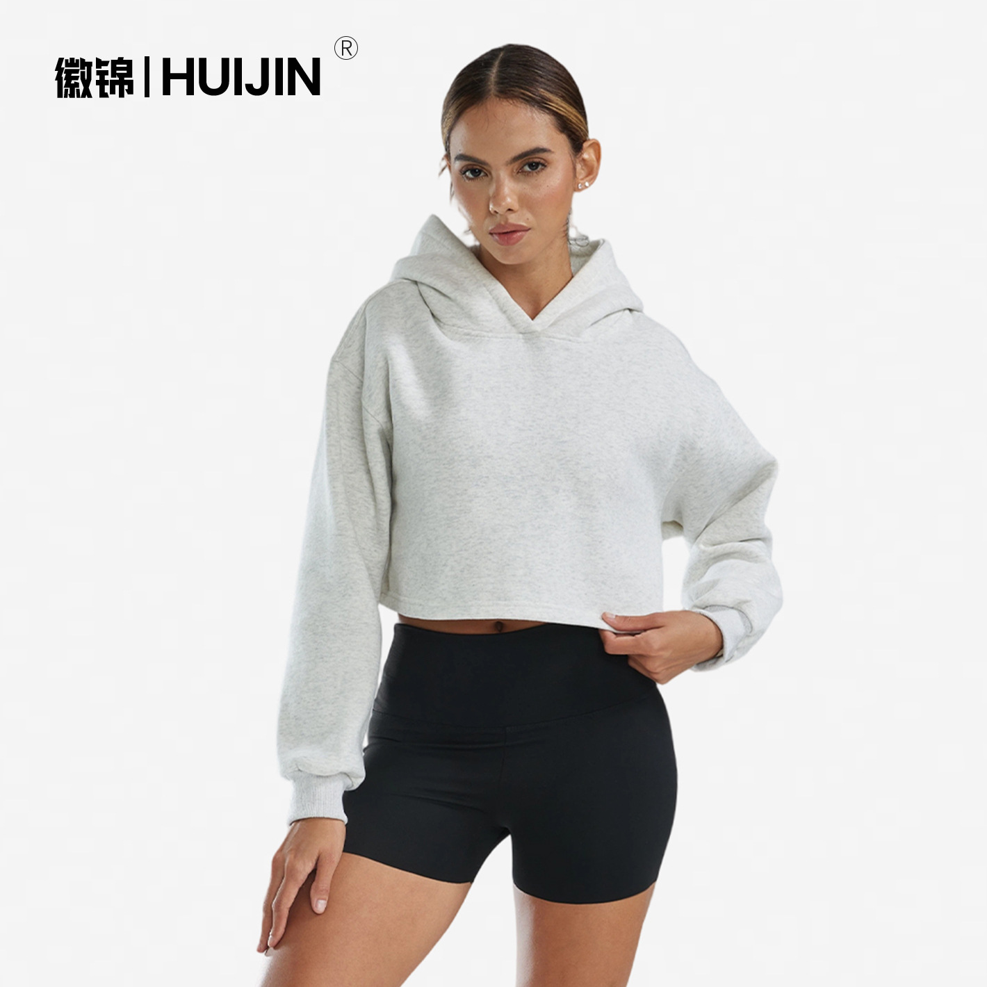 Foreign trade sports fleece hoodie, European and American style, in stock, hooded, women's short style, cotton blend, thickened, autumn and winter design hoodie