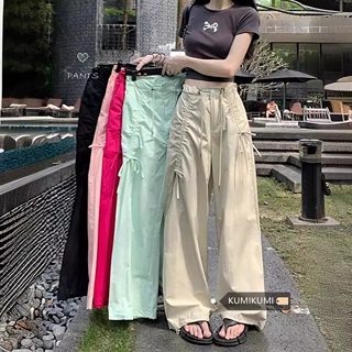 甜酷辣妹不对称蝴蝶结美式高街工装裤夏季新款抽绳宽松可束脚长裤