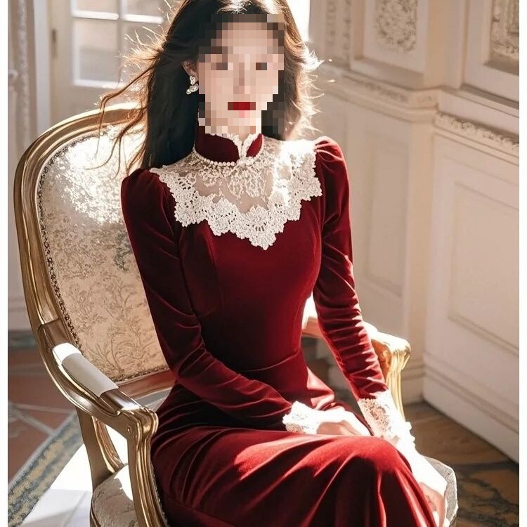 Formal Occasion Ancora Red Velvet Dress for Women, Autumn Style, Chanel-Inspired, Elegant Long Base Dress