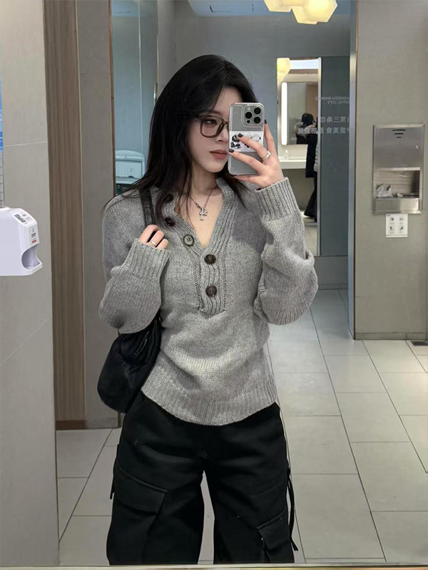美式灰色亨利领长袖针织衫女春季新款修身显瘦辣妹内搭打底衫上衣|undefined