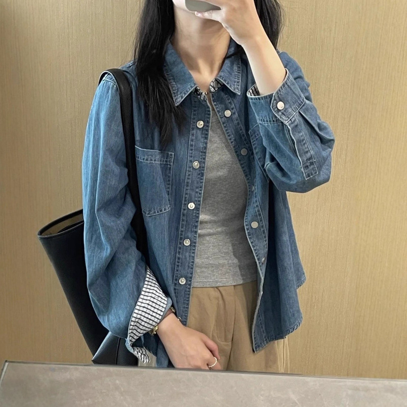 Missmarmsa Korean Retro Light Blue Denim Long-Sleeved Shirt Women's Autum Design Splicing Shirt Jacket