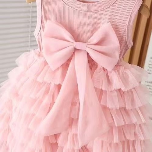 Children's Mesh Princess Cake Girls' Sleeveless Bow Dress, Stylish And Sweet Ruffled Puffy Long Dress_voghion.com