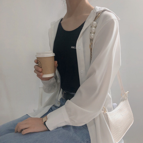 2024 new textured one-shoulder cross-body armpit bag ins simple and low-key crocodile pattern gold chain pearl bag