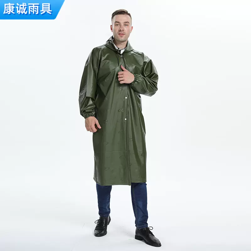 康诚雨具 加大加厚PVC海胶雨衣军绿高弹牛筋分体雨衣带拉链