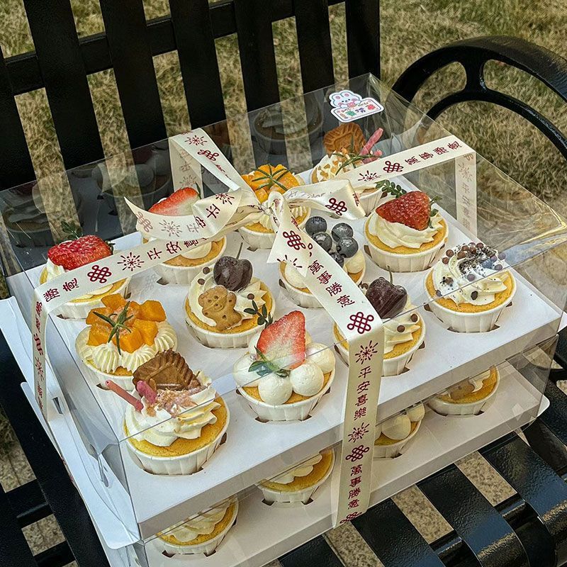 Transparent Cupcake Box with Fixed Tray for Desserts, Portable Box for Muffins, 2/6/12 Pieces, Heightened Packaging Box