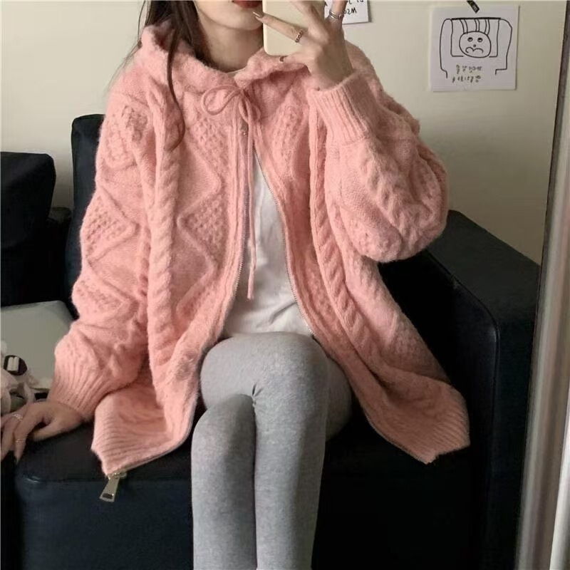 麻花毛衣女秋冬2025新款韩版复古宽松慵懒外穿针织衫连帽开衫外套|undefined