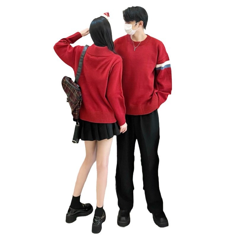 커플 새해 가을 겨울 크리스마스 빨간 니트 스웨터 토스트 두꺼운 스웨터