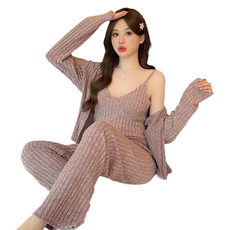 Cachemira de tres piezas pijamas de las mujeres de otoño e invierno de manga larga cepillado felpa 2023 Nuevo más tamaño sexy ropa de abrigo homewear traje