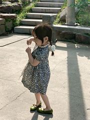 2023 Summer Girls' Personality Retro Floral Print Dress for Baby Girls with Bubble Short Sleeve, Literary Ribbon, Small Stand Collar Dress