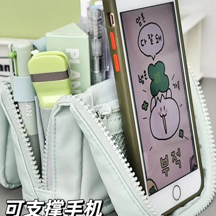 双方向スタンドペンバッグ、シンプルな中学生と小学生の多機能文具バッグ、多層高価値筆箱収納|undefined