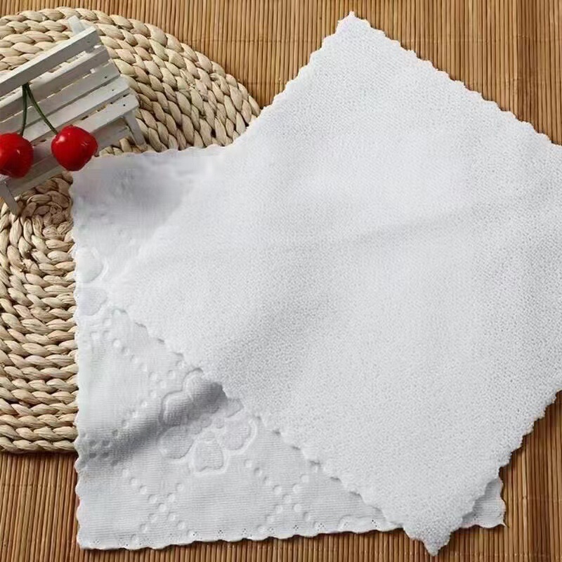 Wholesale microfiber white square embossed small square wipes with disposable napkin hotel small white towel