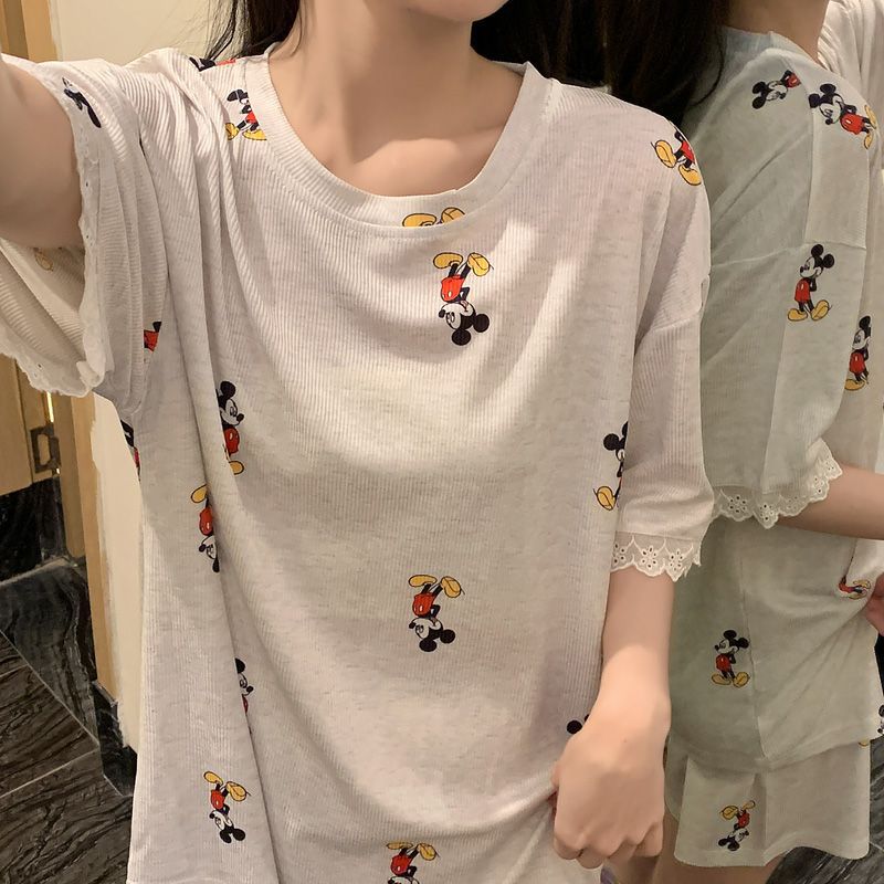 Pijamas transfronterizos mujeres verano nuevo estilo hilo de seda de hielo cuello redondo pantalones cortos de manga corta Mickey dulce dibujos animados suelto servicio a domicilio