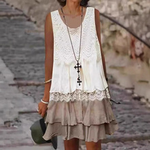 现货跨境欧美亚马逊独立站2025时尚女士蕾丝拼接无袖连衣裙