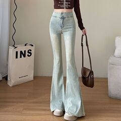 アメリカンレトロなローエッジフレアフィッシュテールジーンズ女性用夏ハイウエストスリムフィットホットガール馬蹄フロアモップパンツ