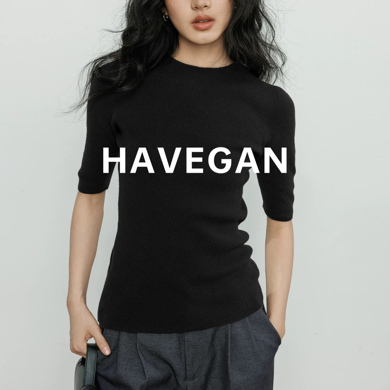 Havegan/Semi-High Collar Right Shoulder Basic Knitted T-Shirt Women's Autum Half-Sleeved Slim Stretch Bottoming Shirt Havegan/Semi-High Collar Right Shoulder Basic Knitted T-Shirt Women's Autum Half-Sleeved Slim Stretch Bottoming Shirt