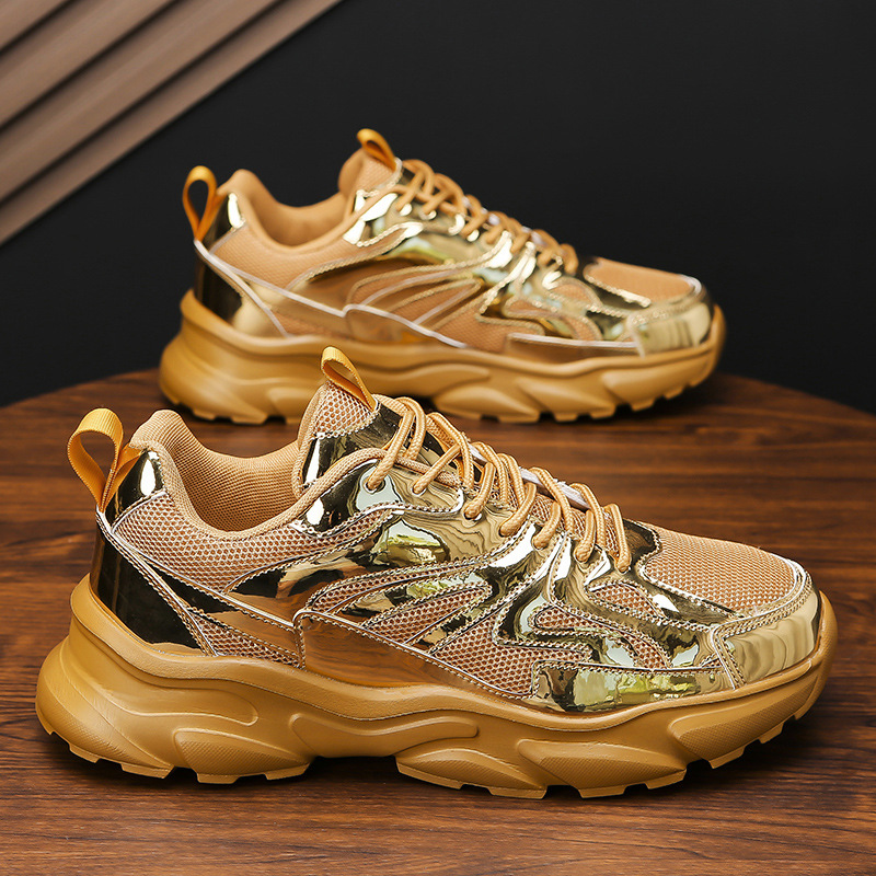 Cross-border plus size casual sneaker new gold men's shoes mesh thick-soled teenagers running dad fashion shoes wholesale