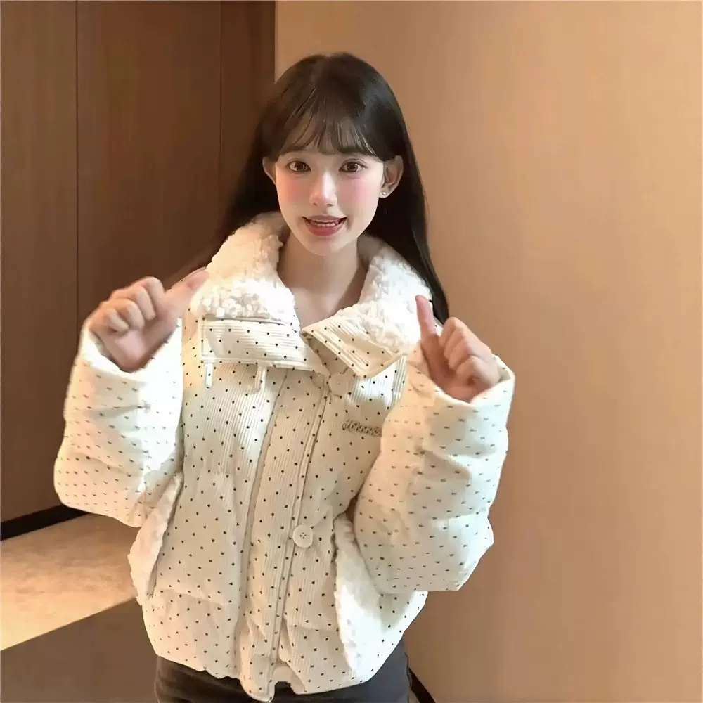 韩系甜美风波点毛领羽绒棉服外套女秋冬季宽松加厚保暖短款面包服