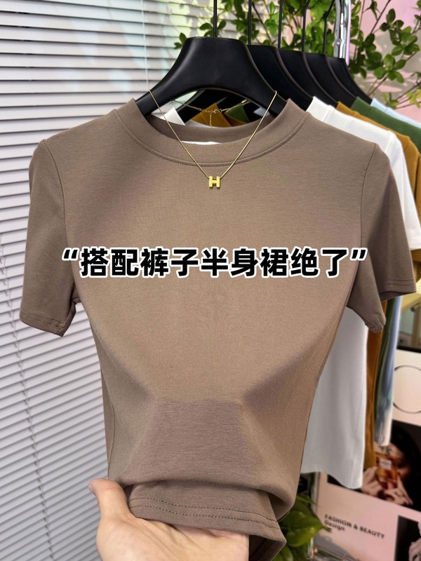 フラワーグレーラウンドネック半袖スリムフィットシャツ女性の夏の新しい気質ハイエンドストレッチトップTシャツトレンディ|undefined