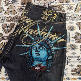2025跨境美式街头自由女神像钻石牛仔裤女休闲高腰阔腿裤y2k欧美