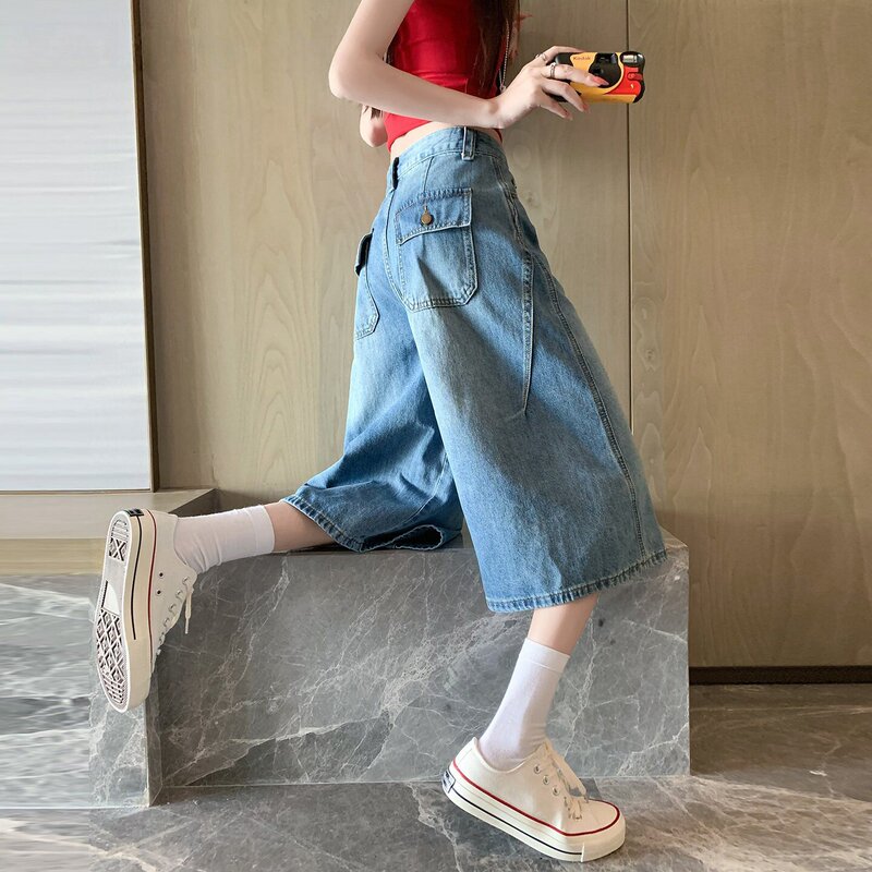 American Retro Denim Cropped Pants for Women, 2026 New Summer High-Waisted Wide-Leg Loose Fit Versatile Pants for Petite Figures