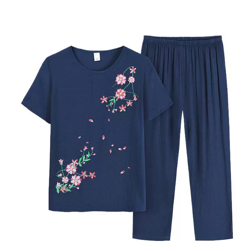 中老年女装夏季短袖印花简单大方两件套上衣松紧带裤子妈妈服套装
