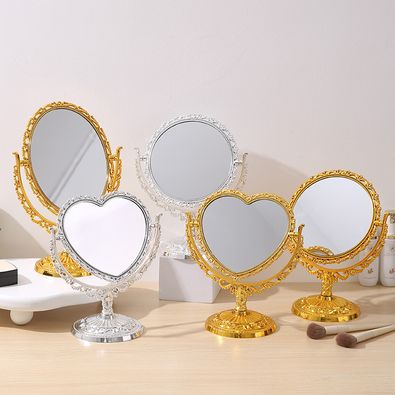 Espejo de maquillaje de doble cara de galvanoplastia de lujo retro de estilo europeo, tocador, decoración de escritorio para dormitorio, espejo de princesa francés portátil