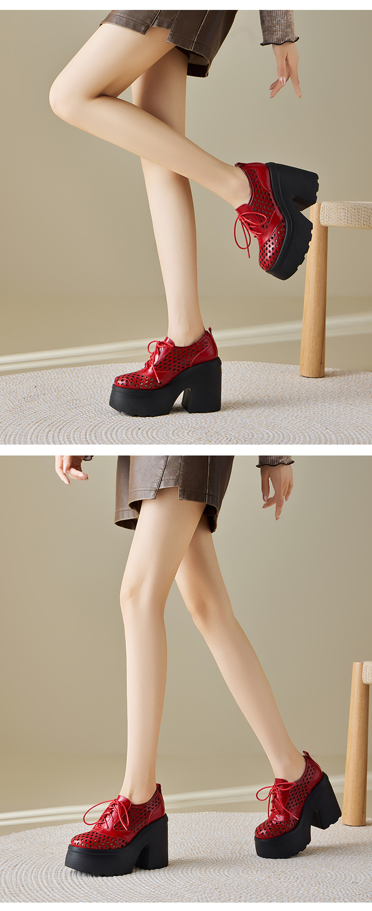 Giày loafer nữ gót cao đế xuồng platform da bò thật, phong cách hở mũi buộc dây thoáng khí — màu đen, màu trắng, màu đỏ chi tiết 13