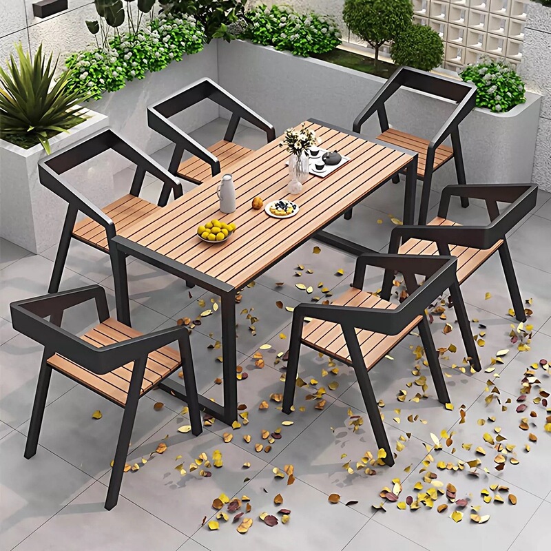 Outdoor table and chair set made of plastic wood, anti-corrosion, for courtyard, outdoor leisure dining table and chairs, garden, open-air balcony, cafe dining table set Outdoor table and chair set made of plastic wood, anti-corrosion, for courtyard, outdoor leisure dining table and chairs, garden, open-air balcony, cafe dining table set