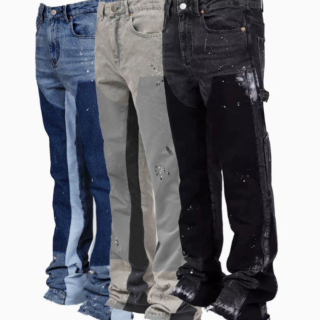 2025 European and American New Fashion Joker Men's Denim Tooling Stretch Cloth Laminated Horn Denim Straight Pants