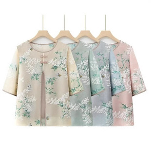 Middle-aged and Elderly Spring Dress National Style Printed Top Grandma's 2024 New Fake Two-piece Shirt Mother's Spring and Summer Shirt