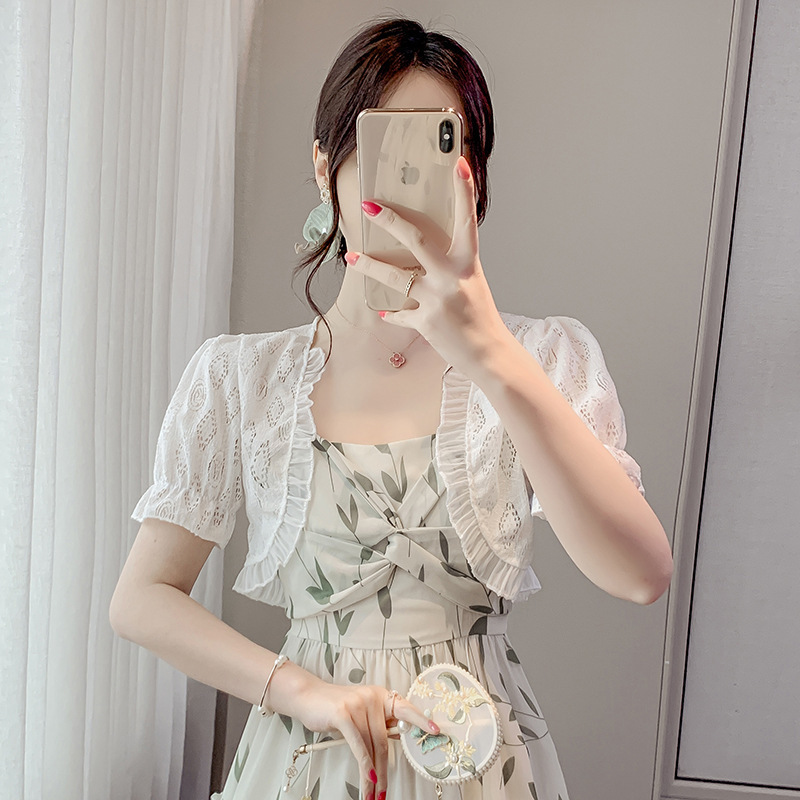 Small Shawl Short-sleeved Coat Women's Summer Thin French-style Short Lace Cardigan Top Clothes Slip Skirt Outer Blouse