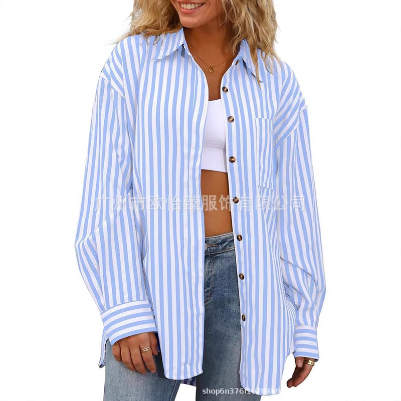 Cross-Border European and American Independent Station Amazon Aliexpress 2025 New Autum Women's Oversized Stripesd Button Shirt