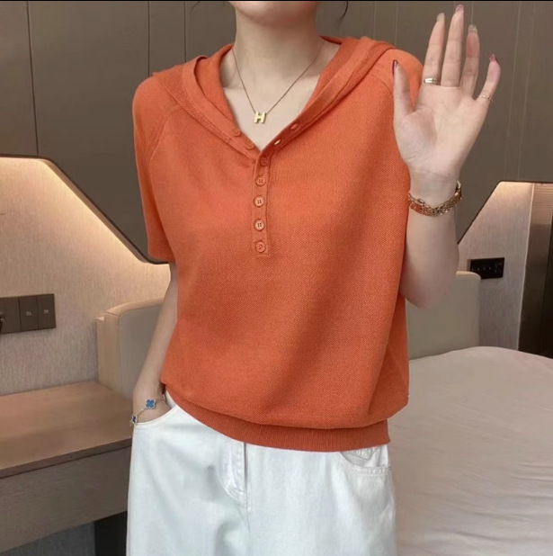 外国貿易新しい夏のフード付き半袖 Tシャツ女性のルーズ半袖パーカーアイスシルクトップセーター薄いスウェットシャツ|undefined