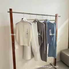 A落正确原2025秋季新款半拉立领长袖+长裤华夫格套装女款针织