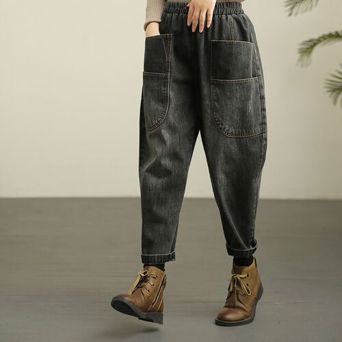 2025 New Elastic Waist Denim Seven-Eighth Pants Bootcut Father Jean Wide Leg Pants Retro Distressed High-Waist Plus Size Pants