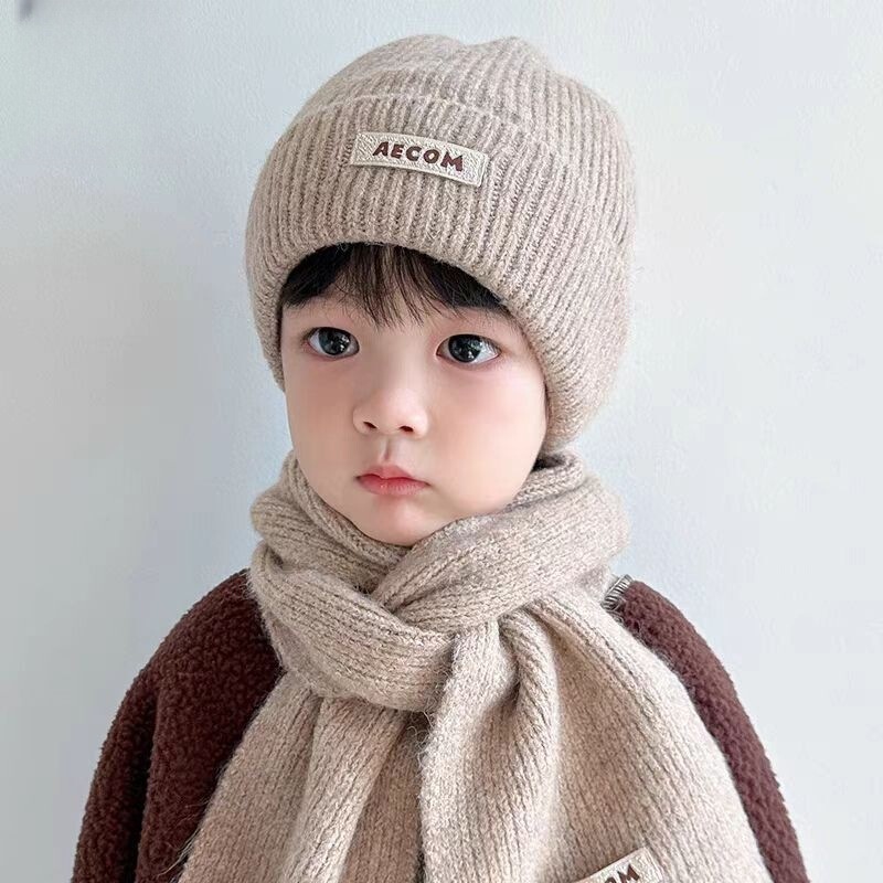 子供用帽子とスカーフセット、シンプルなレターエッジ、新しい無地、カジュアルで多用途、秋冬の暖かいウールニット|undefined