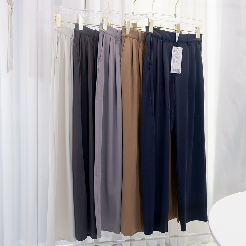 New Pocket Suit Pants with Pleats, Cool and Versatile Wide-Leg Long Pants, Casual Straight-Leg Elastic Waist, Slimming and Leg-Lengthening