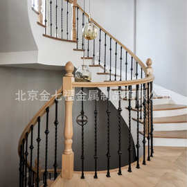 原木奶油风铁艺楼梯扶手现代简约风格黑色烤漆栏杆北京地区可安装