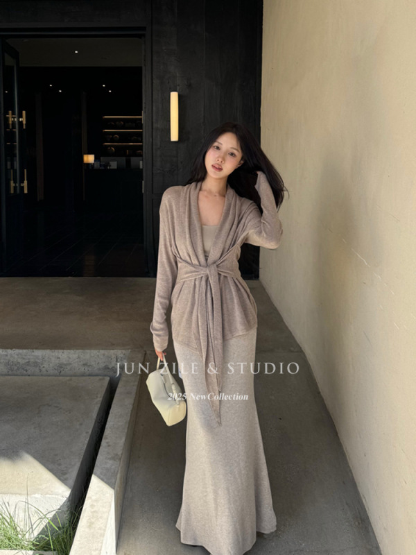 秋装套装女装温柔风绑带针织开衫外套带胸垫背心包臀半身裙长裙子|undefined