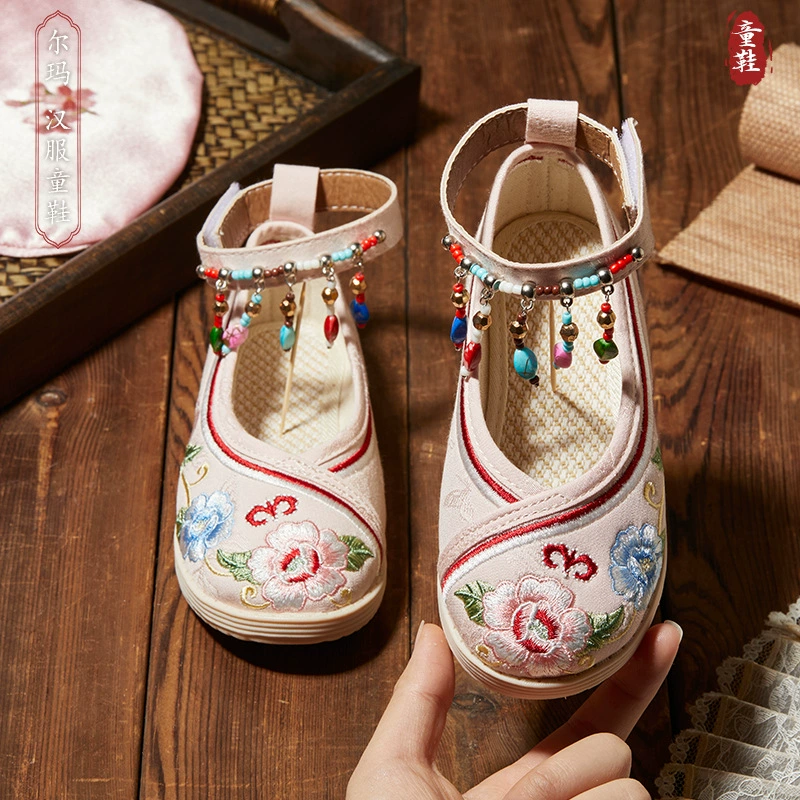 Детские туфли-ханфу на-slip-on D3680, вышивка цветочная, ремешок вокруг щиколотки, 15,2–23 см