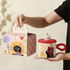 猫の誕生日プレゼントマグカップ見栄えの良いオフィスガールウォーターカップお土産漫画セラミックマグ蓋付き