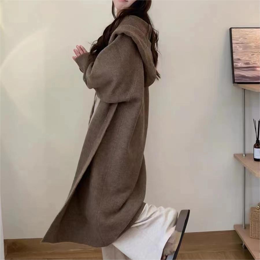 韩系慵懒风宽松纯色连帽加厚针织开衫女长款秋冬新款毛衣外套大衣