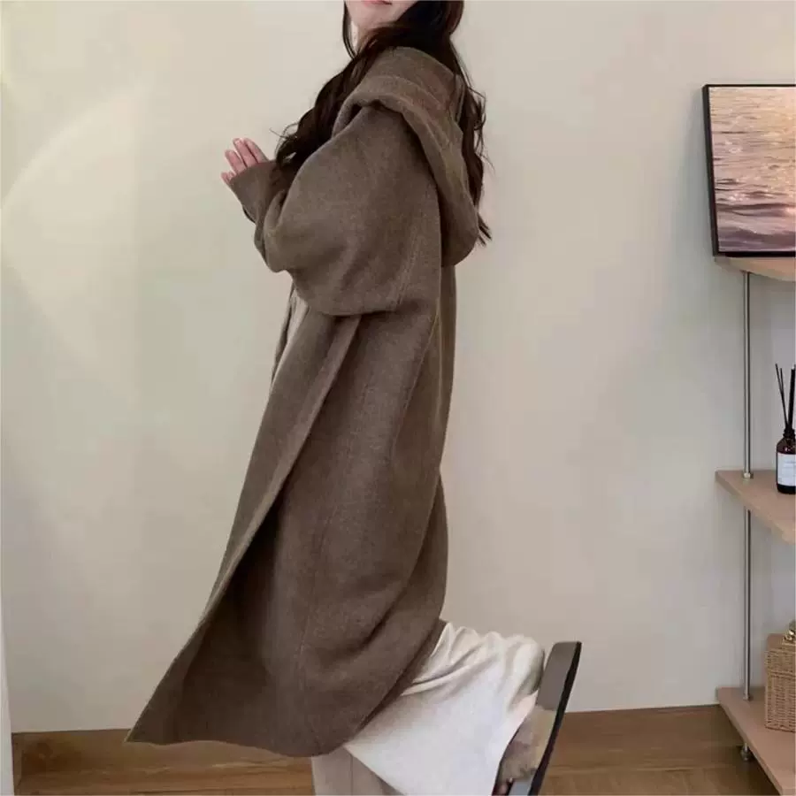 韩系慵懒风宽松纯色连帽加厚针织开衫女长款秋冬新款毛衣外套大衣