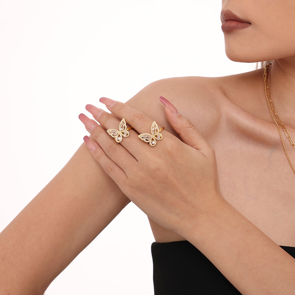 Square Sugar Ins Butterfly Fairy Zircon Ring Fashion Personality Copper Niche Open Mouth Ring_voghion.com