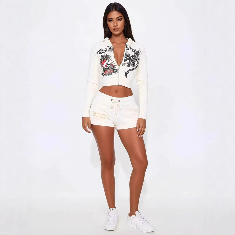 European and American Fashion Street Casual Comfortable Painted Zipper Hooded Positioning Printed Two-piece Women's Clothing