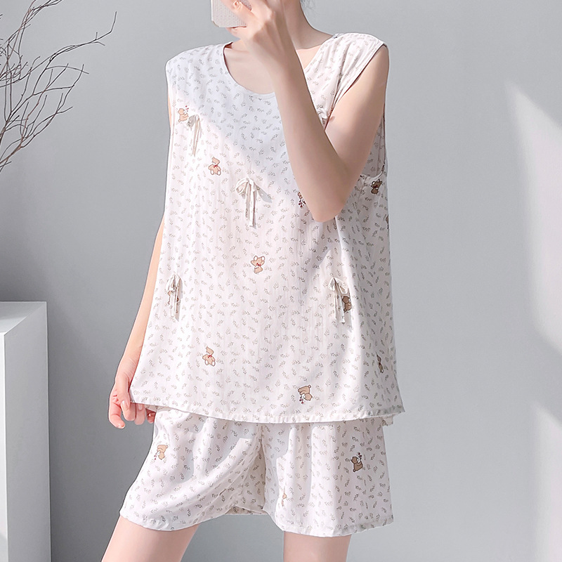 夏季绵绸睡裙无袖宽松春夏款女士家居服印花休闲宽松短裤套装现货