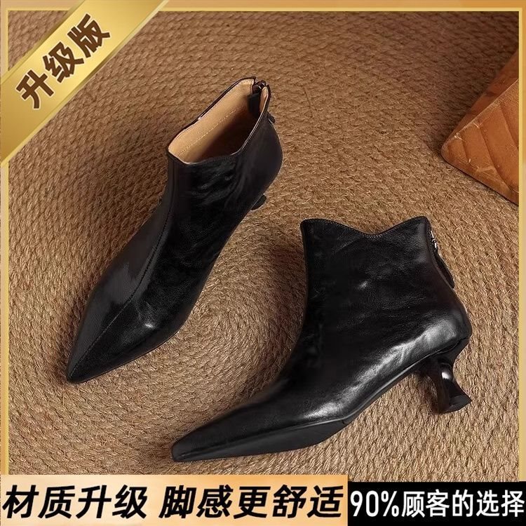 法式尖头切尔西短靴女2025年冬季新款细跟短靴春秋单靴软皮及踝靴|undefined