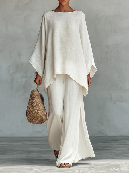 2026 European and American Cross-Border New Style Women's Simple Loose Linen Blend Shirt and Wide-Leg Pants Set